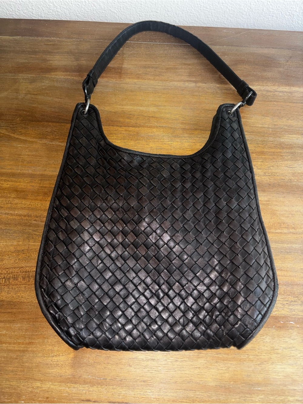Authentic Woven Leather Shoulder Bag in Dark Brown